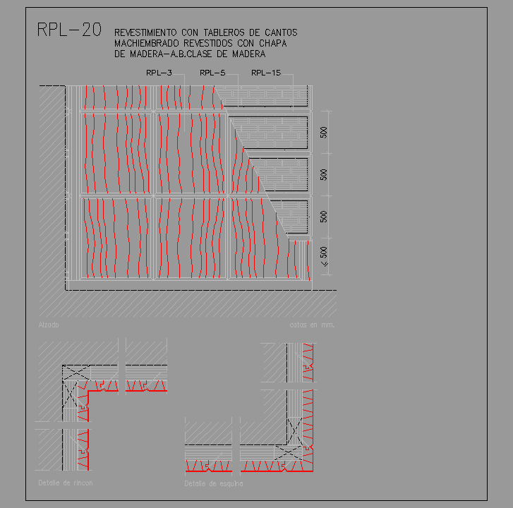 Bloque Autocad Revestimiento con tableros de cantos machihembrados revestidos con chapa de madera